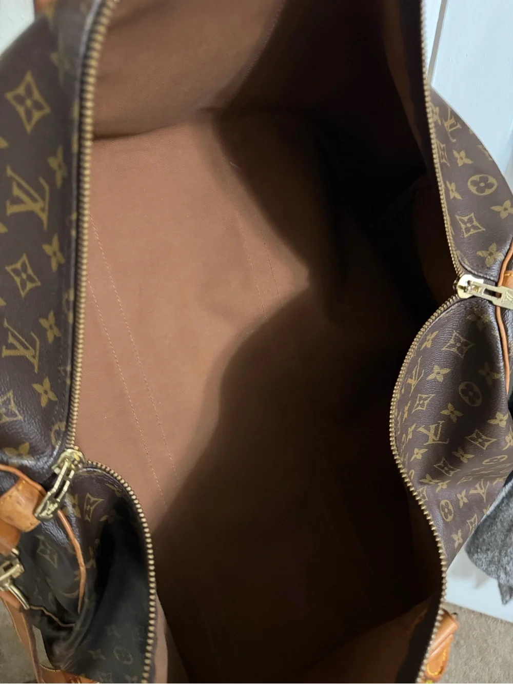 Louis Vuitton Brown Monogram Canvas Travel Duffel with Tan Leather Trim